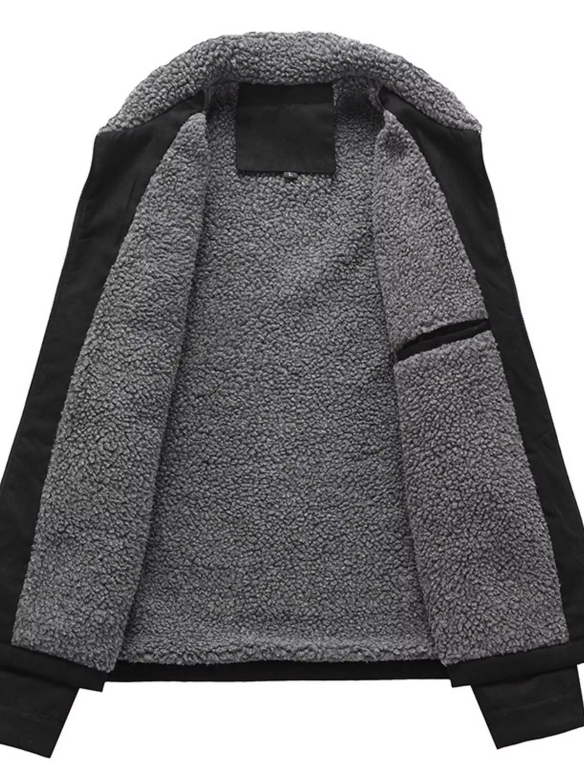 Inside view of the Black utility jacket showing its gray plush lining.