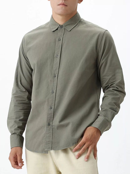 Green men’s long-sleeve button-down shirt, front view