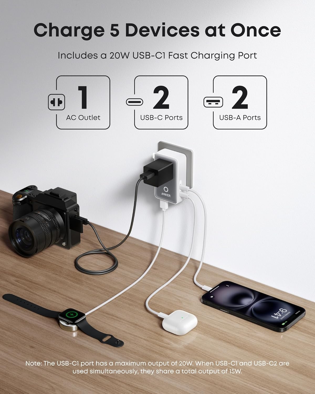 White Anker Nano travel adapter with one AC outlet, two USB-C ports and two USB-A ports; devices and cables are demonstration props.
