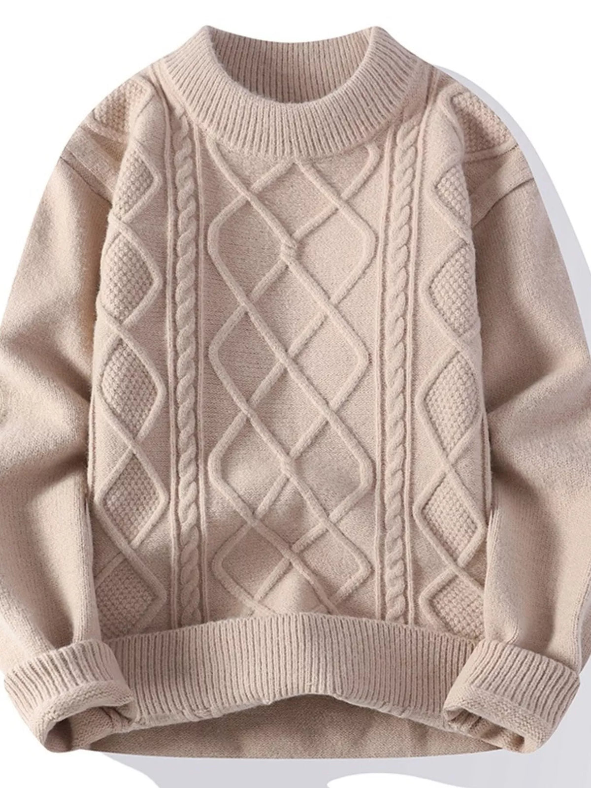 Khaki men's cable-knit crewneck sweater, front view, shown flat.