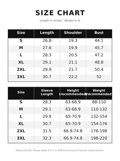 Men's hooded multi-pocket jacket size chart, S to 3XL, measurements in inches