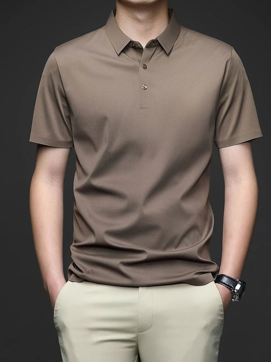 Khaki short-sleeve polo shown from the front with a collar and three-button placket; trousers and watch are not included.