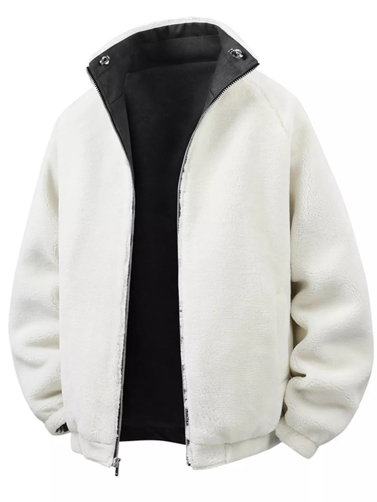 Black jacket lining view showing the contrasting fleece surface, zip front and stand collar.