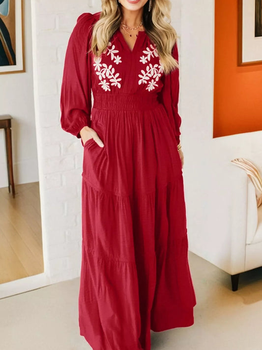 Rust embroidered long-sleeve maxi dress, front view on model