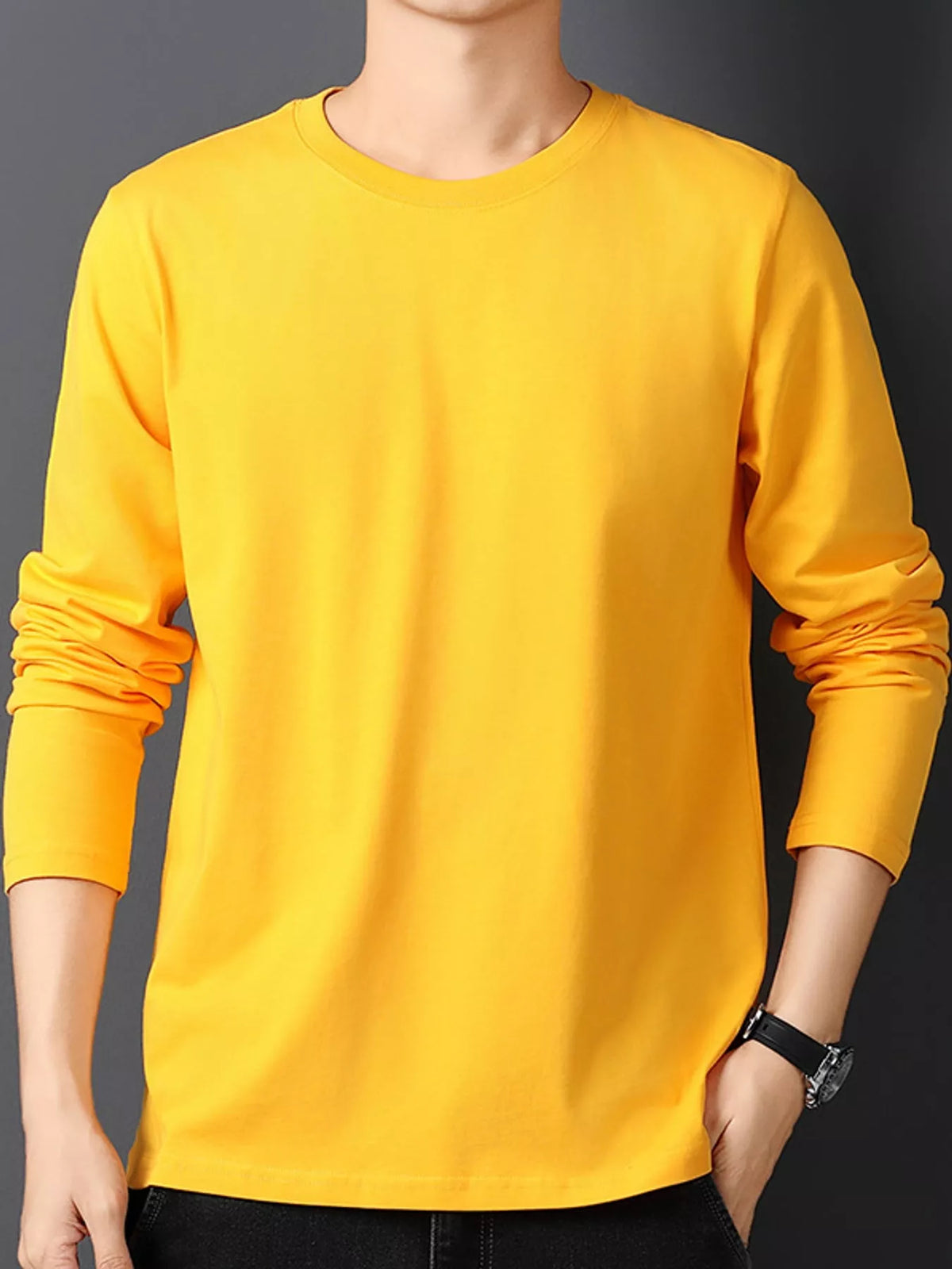 Gold men's cotton long-sleeve crewneck tee, front view.