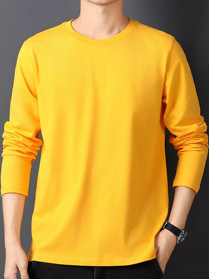 Gold men's cotton long-sleeve crewneck tee, front view.