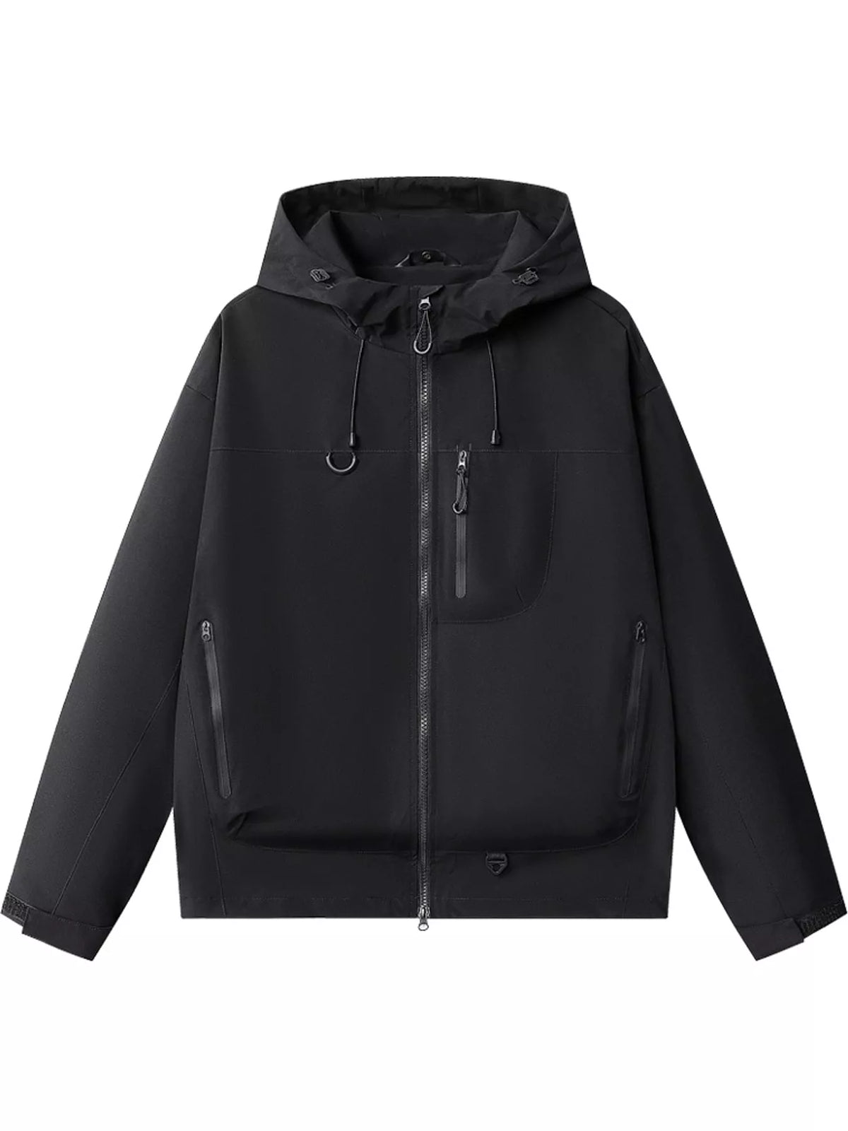 Black men's hooded multi-pocket zip jacket — front view