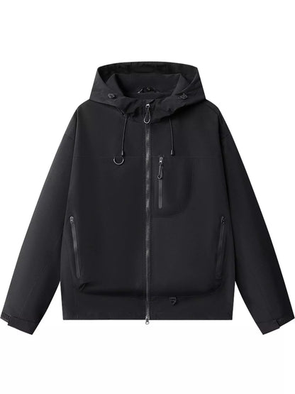 Black men's hooded multi-pocket zip jacket — front view