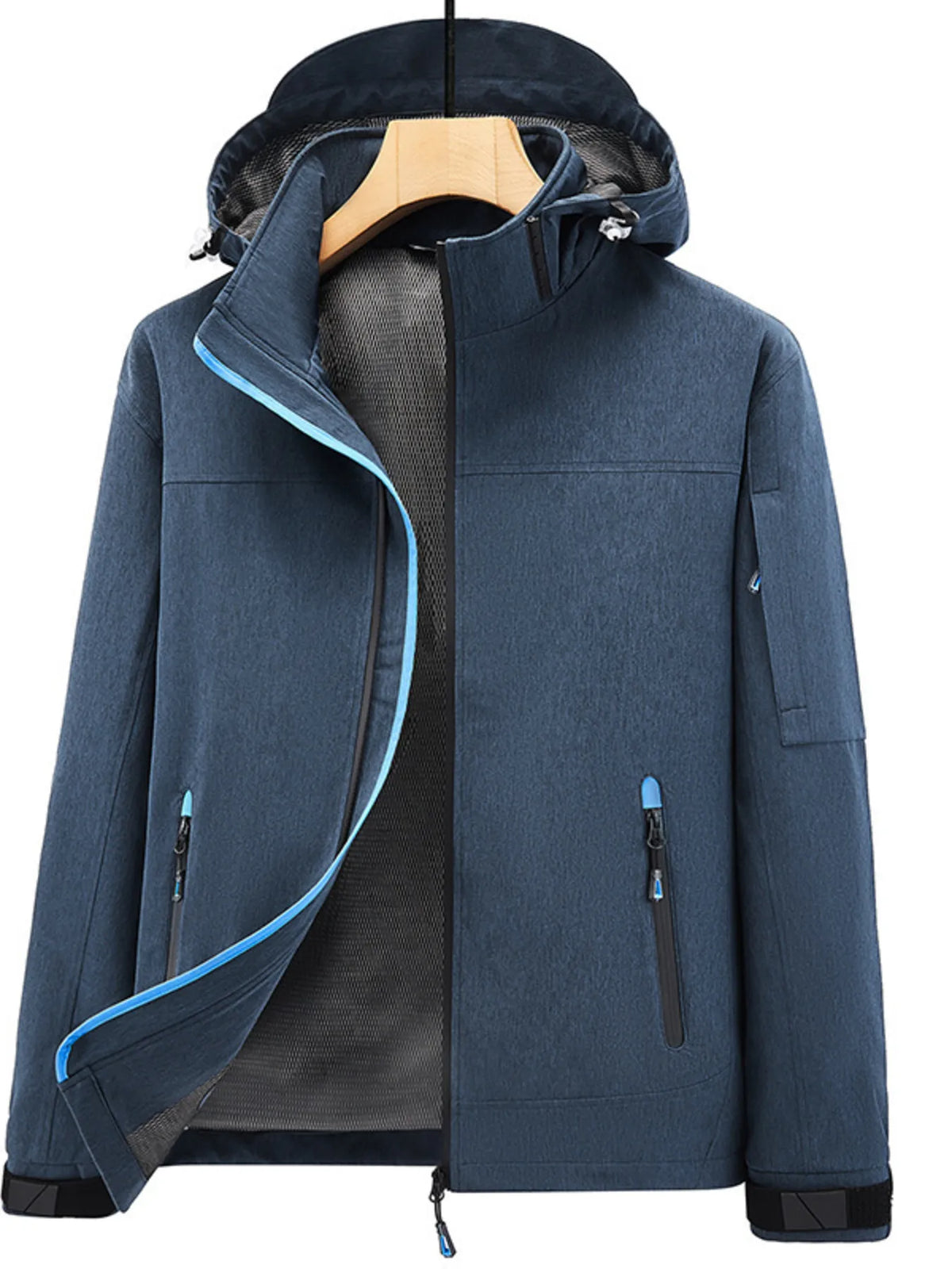 Front three-quarter view of a blue hooded zip jacket on a wooden hanger, partly open to show its dark lining and blue zipper trim.