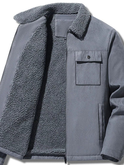 Gray utility jacket shown open with plush lining and a flap chest pocket.