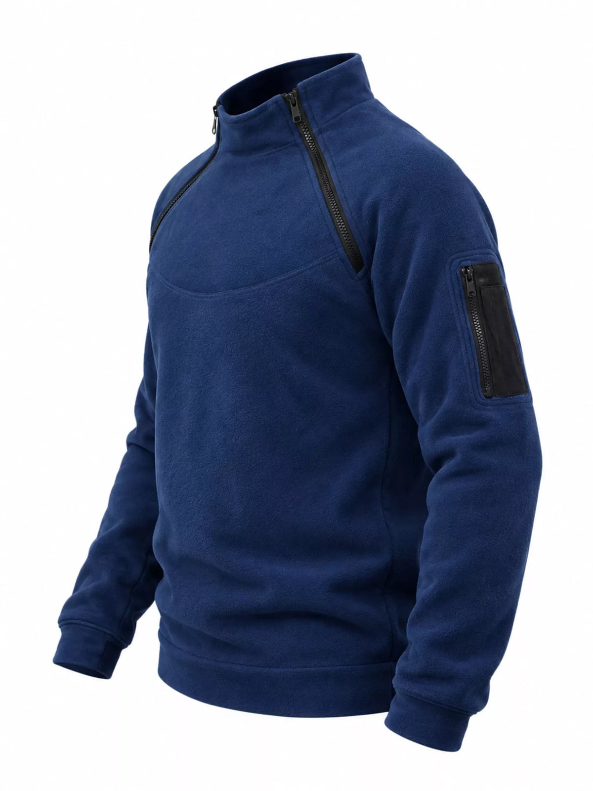 Navy men's fleece sweatshirt with stand collar, two angled neckline zips and a zippered sleeve pocket, side product view. One sweatshirt only.