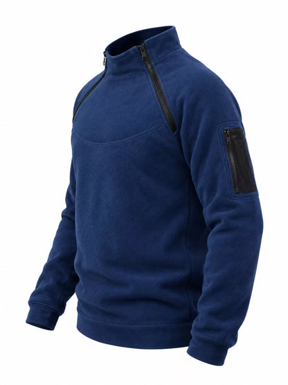 Navy men's fleece sweatshirt with stand collar, two angled neckline zips and a zippered sleeve pocket, side product view. One sweatshirt only.