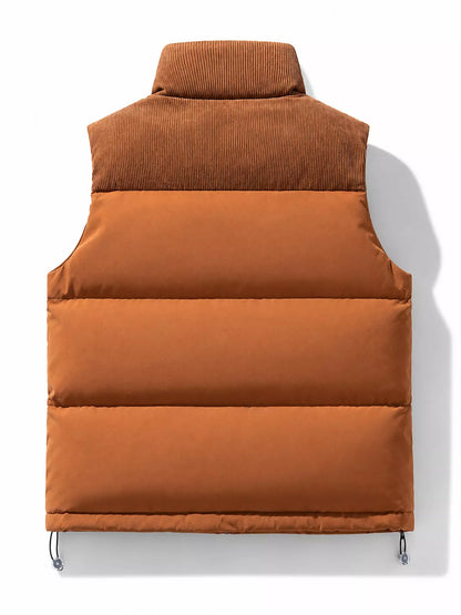 Caramel men's corduroy-panel puffer vest, back view. One vest is sold.