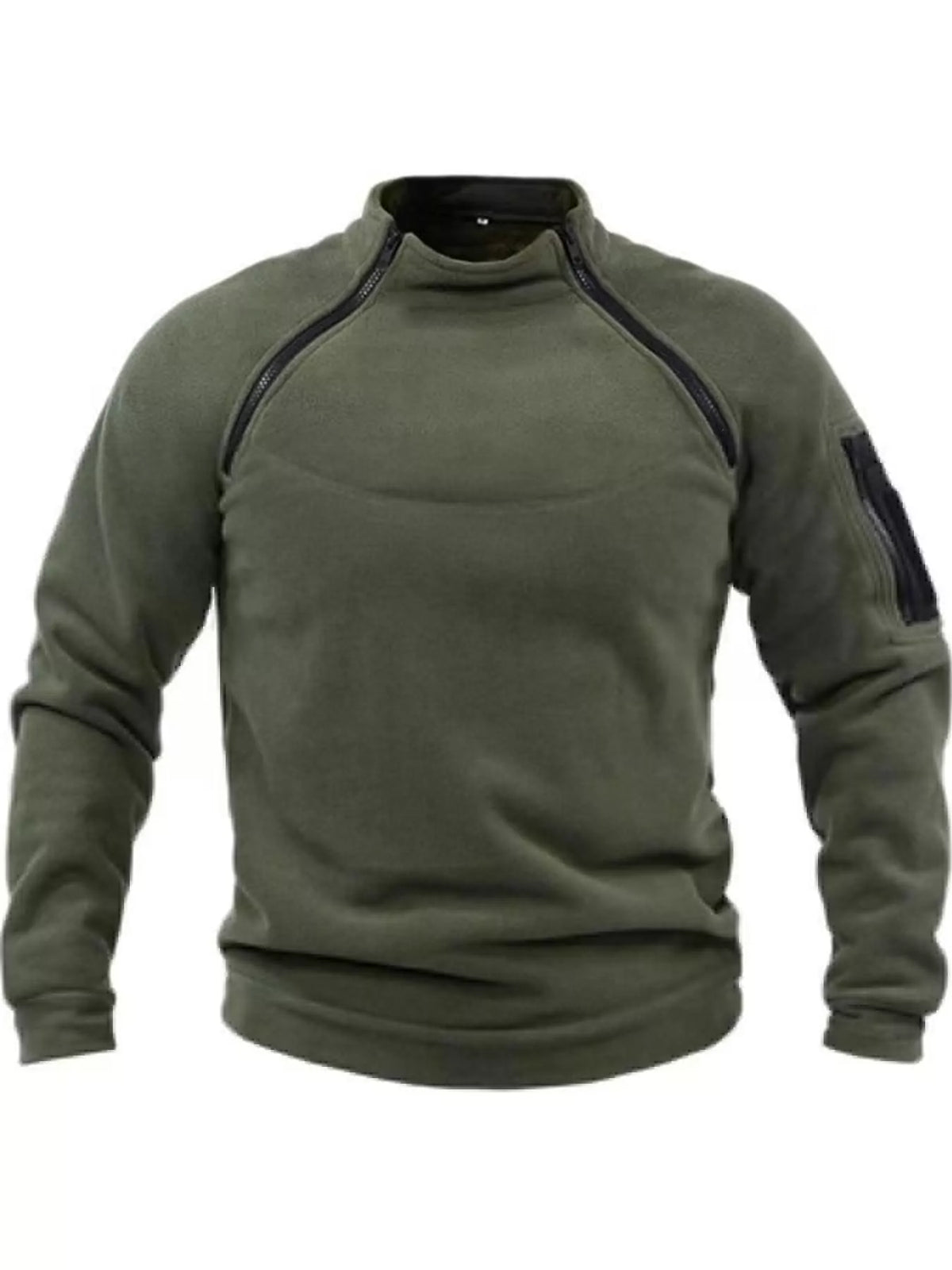 Army Green men's fleece sweatshirt with stand collar, two angled neckline zips and a zippered sleeve pocket, front product view. One sweatshirt only.