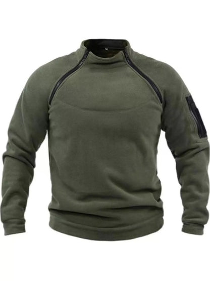Army Green men's fleece sweatshirt with stand collar, two angled neckline zips and a zippered sleeve pocket, front product view. One sweatshirt only.