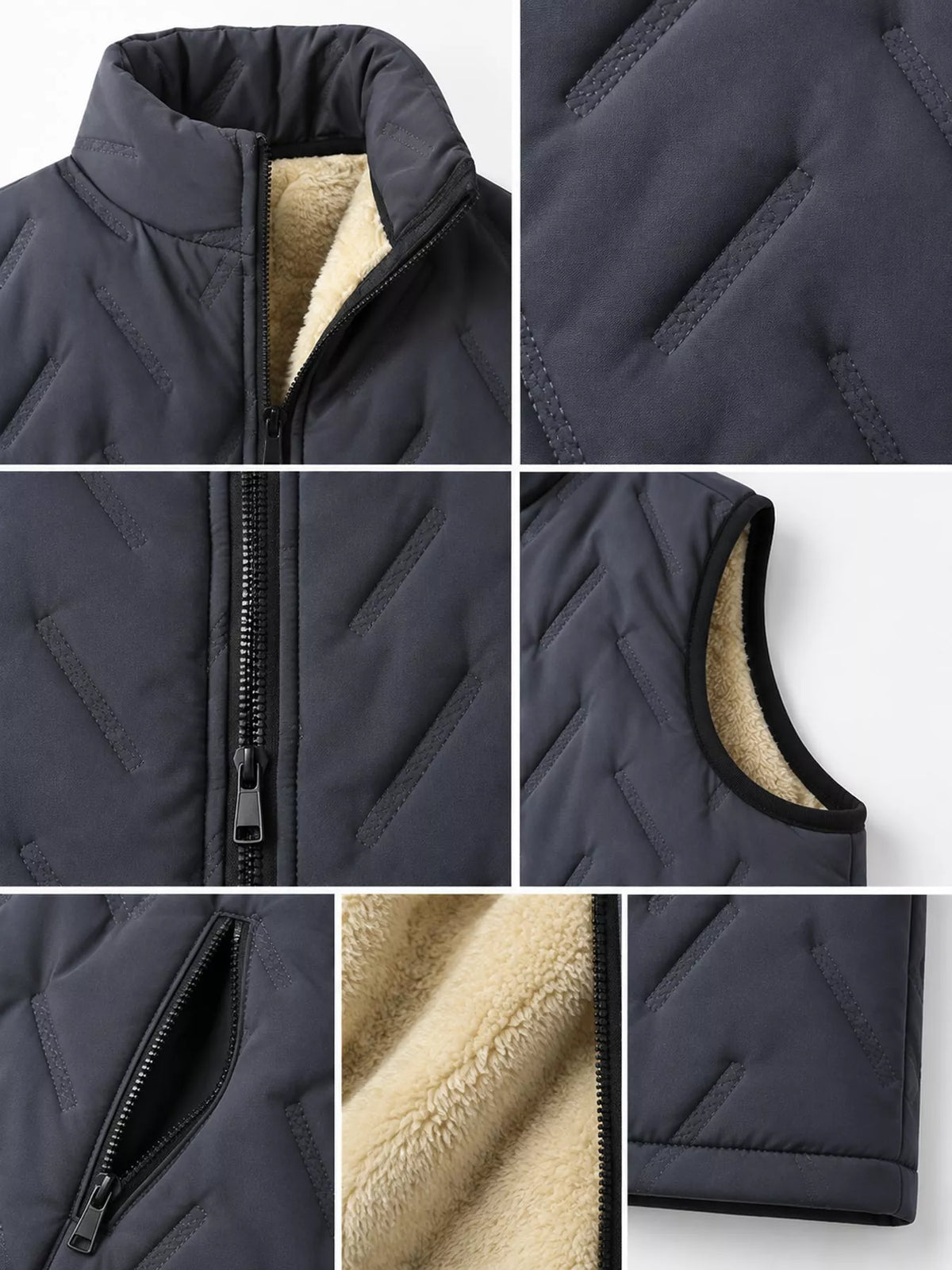 Gray stand-collar men's fleece-lined quilted vest, collar, shell, zipper, armhole, lining and pocket detail panels. One vest only.