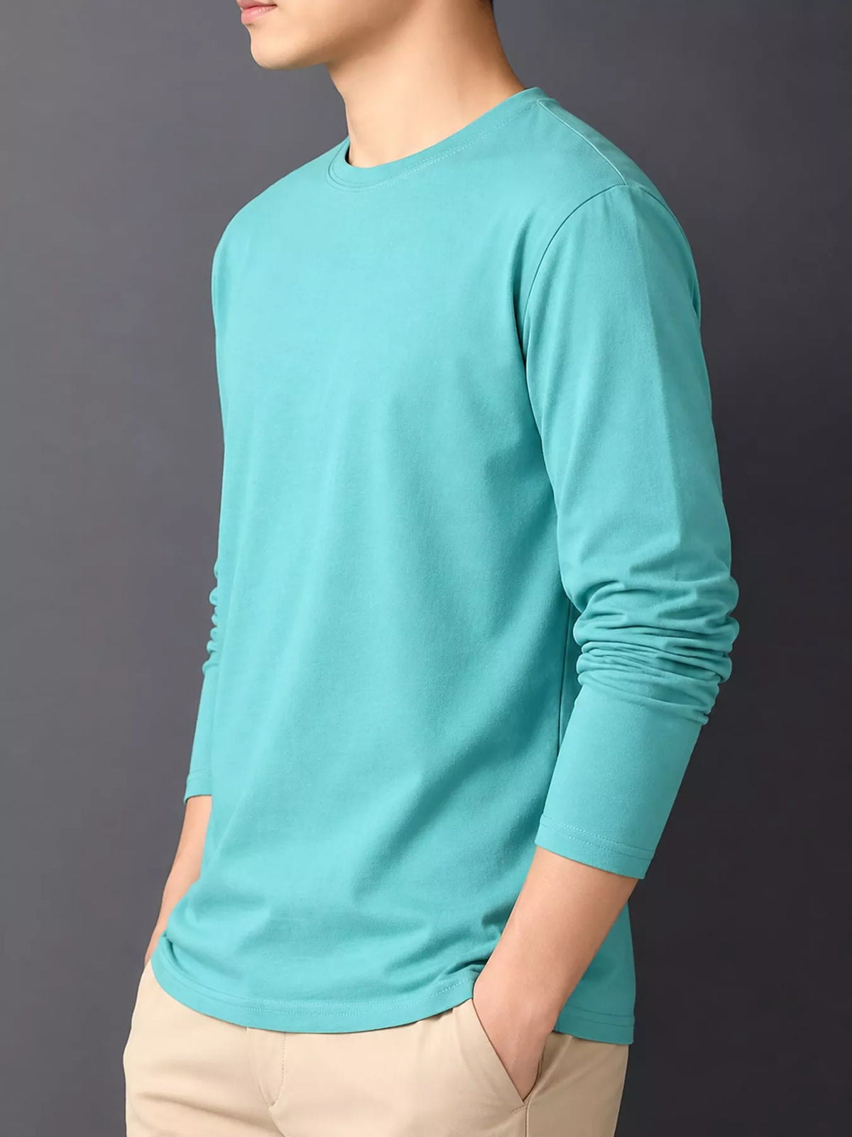 Pastel Blue men's cotton long-sleeve crewneck tee, side view.