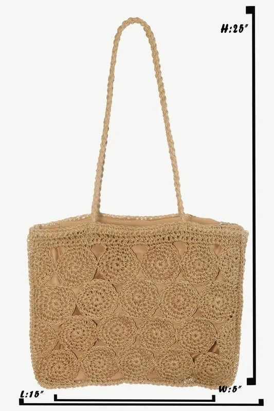 Natural-tan tote measurement photo showing 15-inch length, 5-inch width and 25-inch overall height including handles.