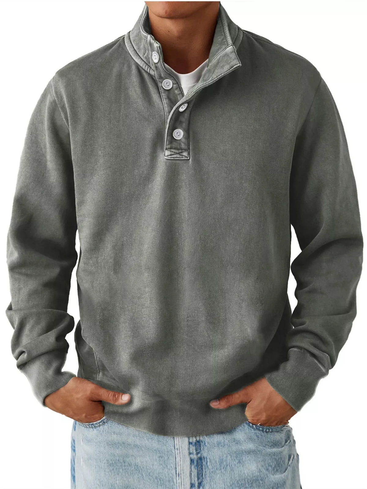 Gray men’s long-sleeve sweatshirt with stand collar and button placket, worn over a separate light T-shirt and jeans. One sweatshirt only.