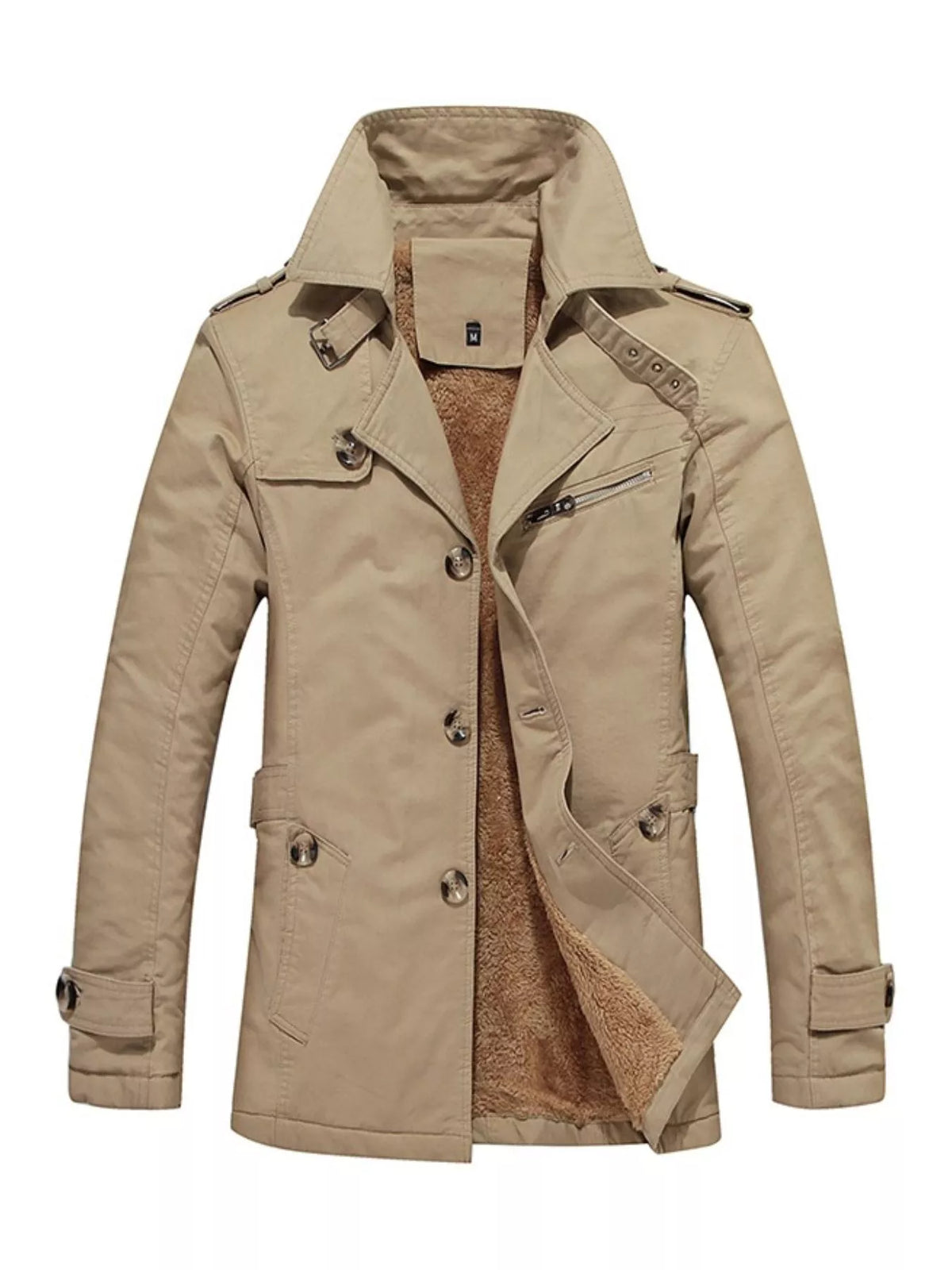 Khaki long-sleeve coat shown from the front, with a high collar, button front, pockets and a zippered chest detail.
