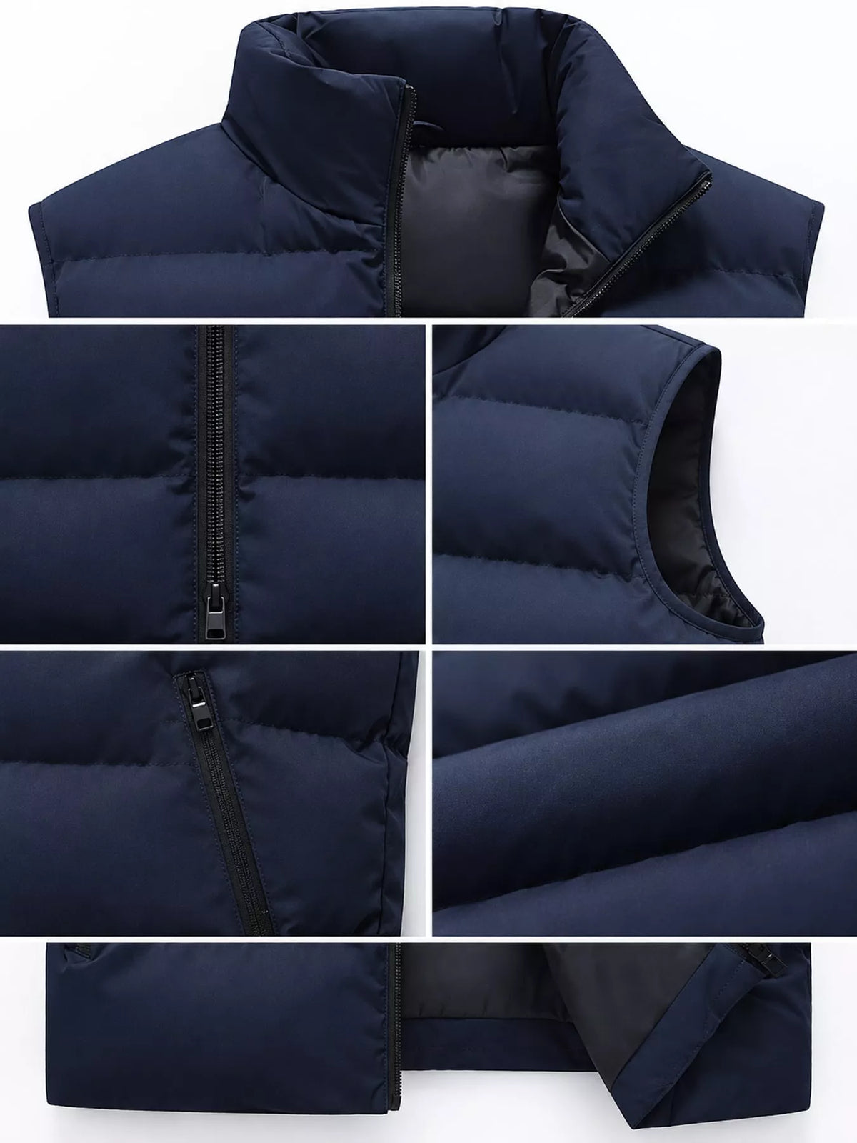 Blue men's lightweight zip-up puffer vest — collar, zipper and quilting details