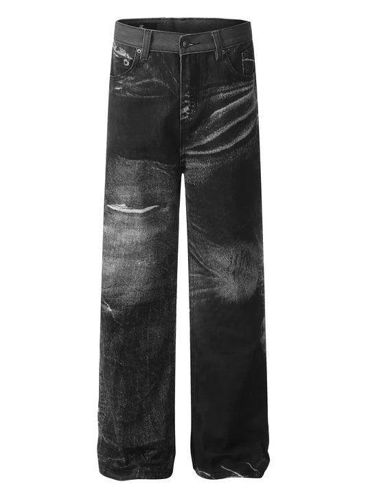 Black men's washed wide-leg jeans, garment-only front view showing the artistic faded finish and front pockets.
