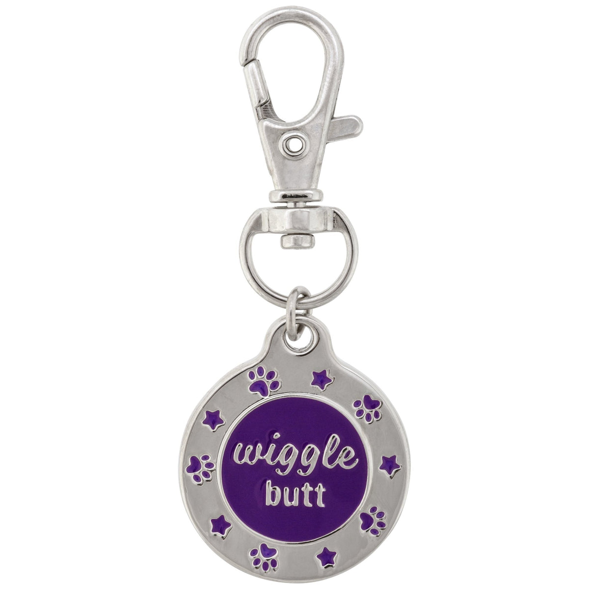 Front of the purple Wiggle Butt enamel pet tag with paw-print and star details and its attached metal clasp.