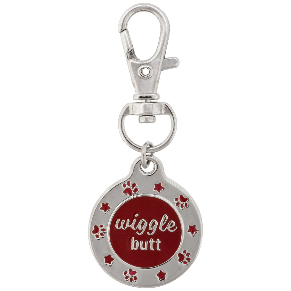 Front of the red Wiggle Butt enamel pet tag with paw-print and star details and its attached metal clasp.