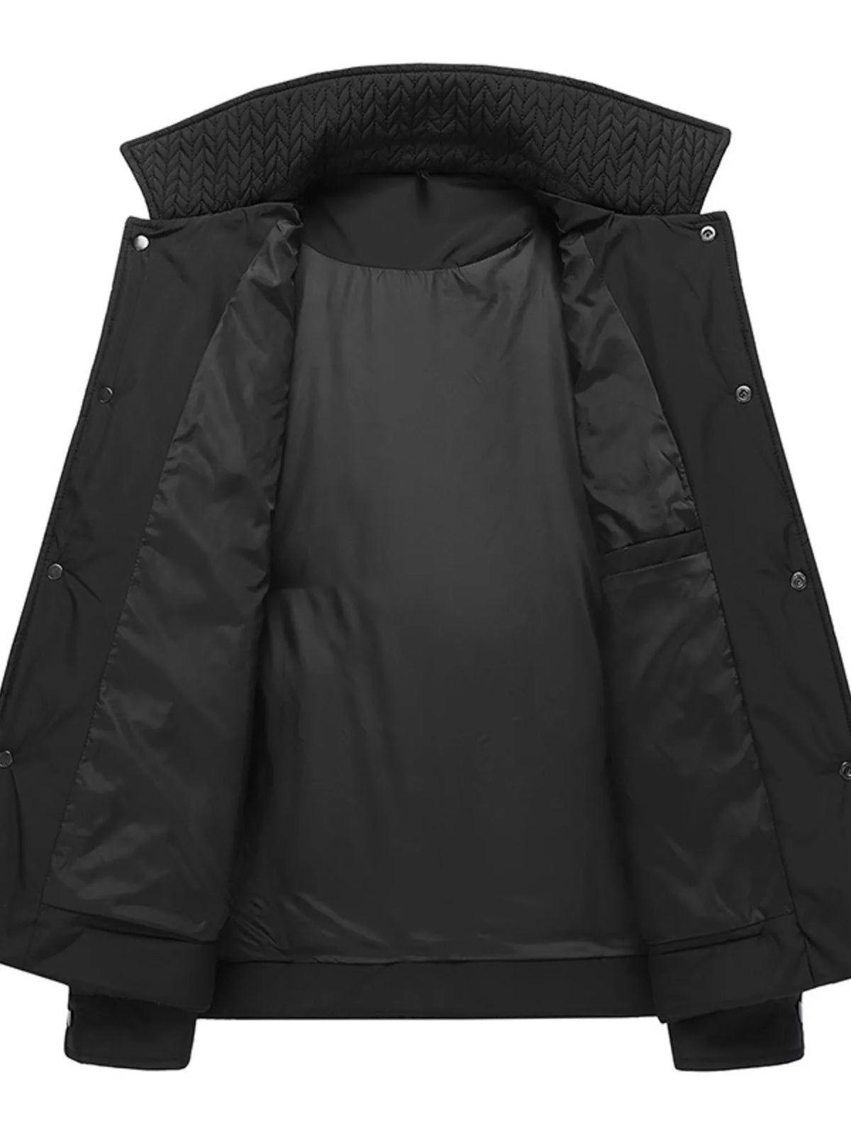 Black jacket opened to show its lining, inside pocket and snap fasteners.