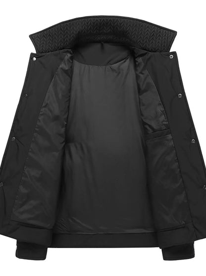Black jacket opened to show its lining, inside pocket and snap fasteners.