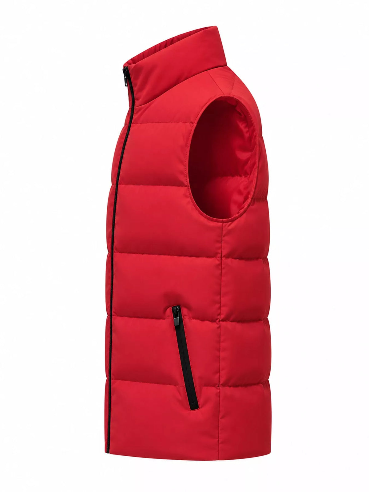 Red men's lightweight zip-up puffer vest — side view