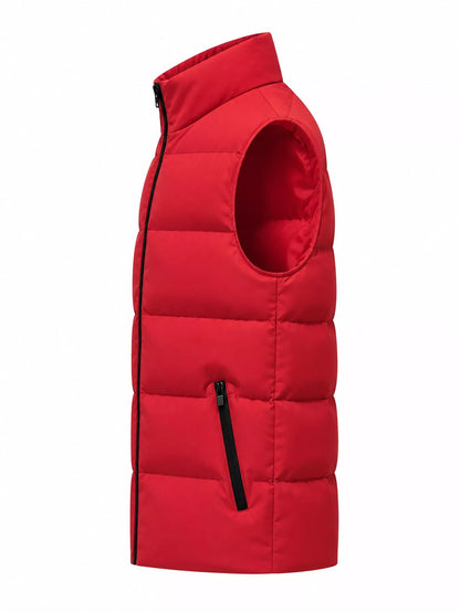 Red men's lightweight zip-up puffer vest — side view
