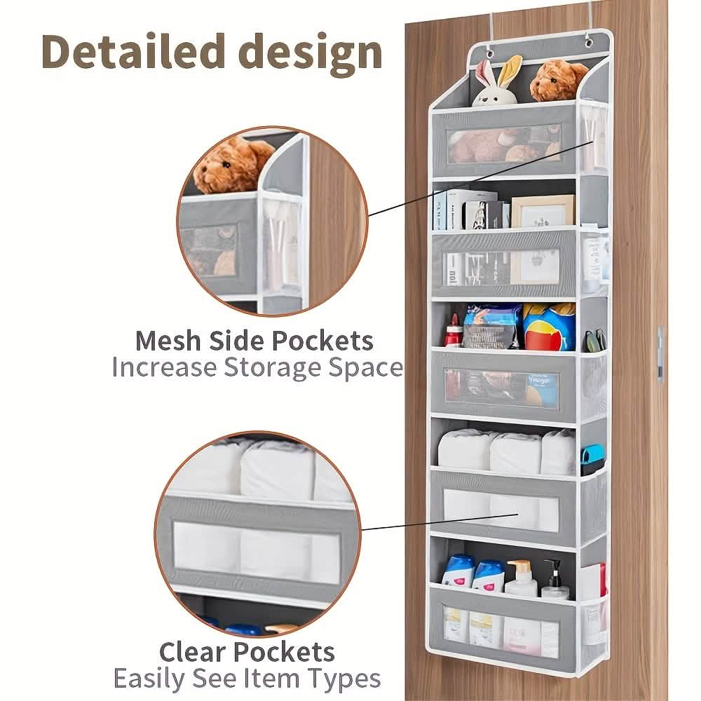 Detail views of side mesh and clear-front pockets on the grey organizer; contents are not included.
