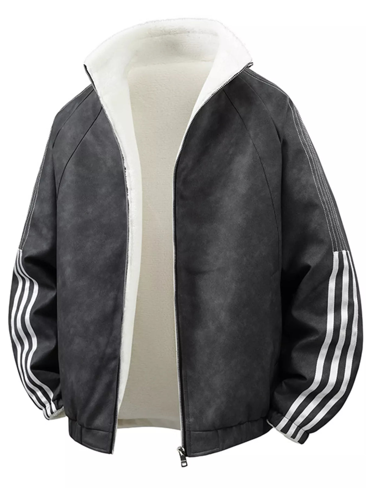 Black men's fleece-lined zip-up jacket, garment-only front view showing striped sleeves and contrasting lining.