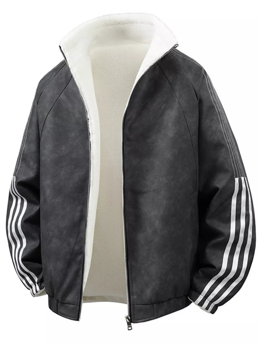 Black men's fleece-lined zip-up jacket, garment-only front view showing striped sleeves and contrasting lining.