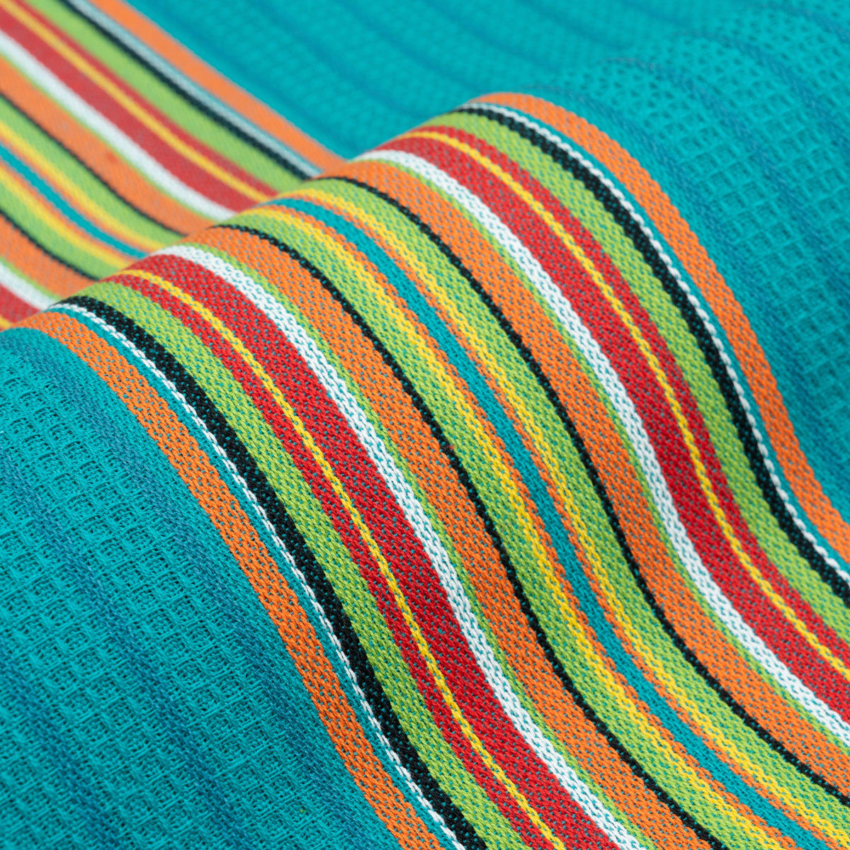 Close view of blue Salsa Stripe cotton towel fabric