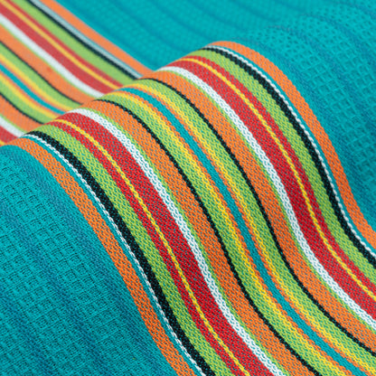Close view of blue Salsa Stripe cotton towel fabric
