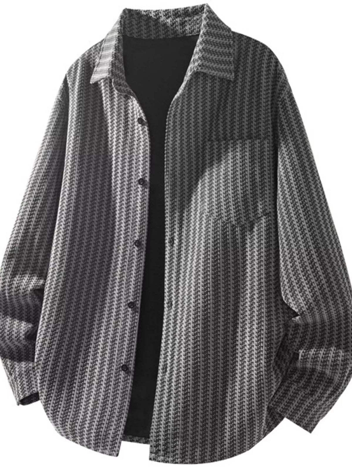 Gray textured men’s button-up shacket, front view over a dark styling top; inner top not included.