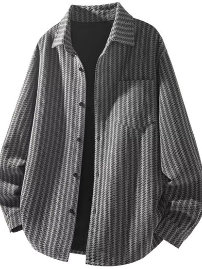 Gray textured men’s button-up shacket, front view over a dark styling top; inner top not included.