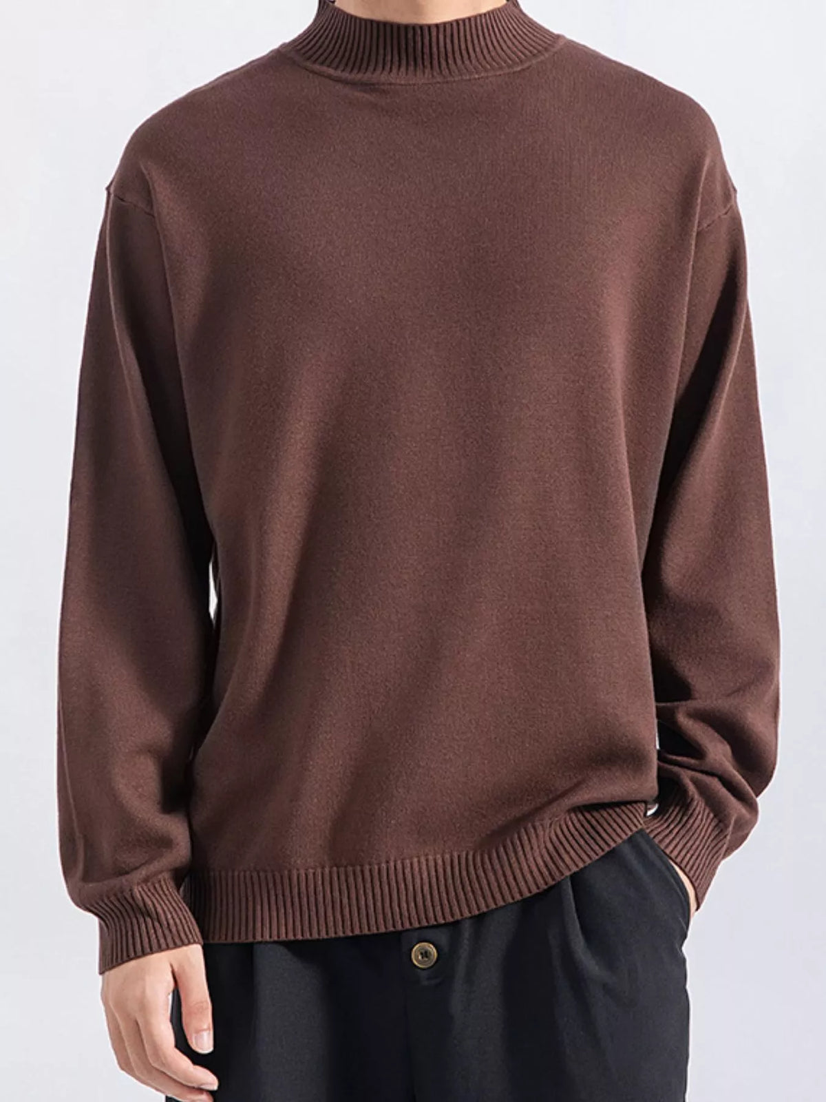 Men's Brown minimalist mock-neck sweater, front view. Trousers are styling items and are not included.