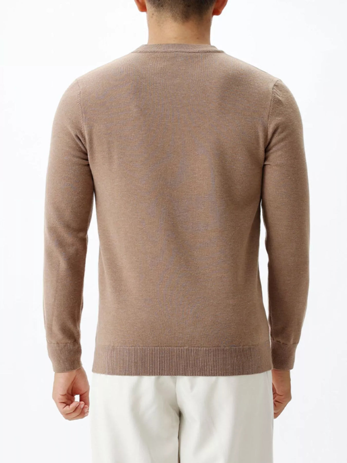 Men's long-sleeve crew-neck sweater in Brown, back view.