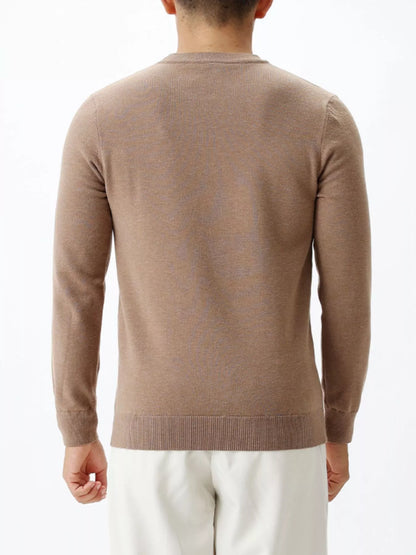 Men's long-sleeve crew-neck sweater in Brown, back view.