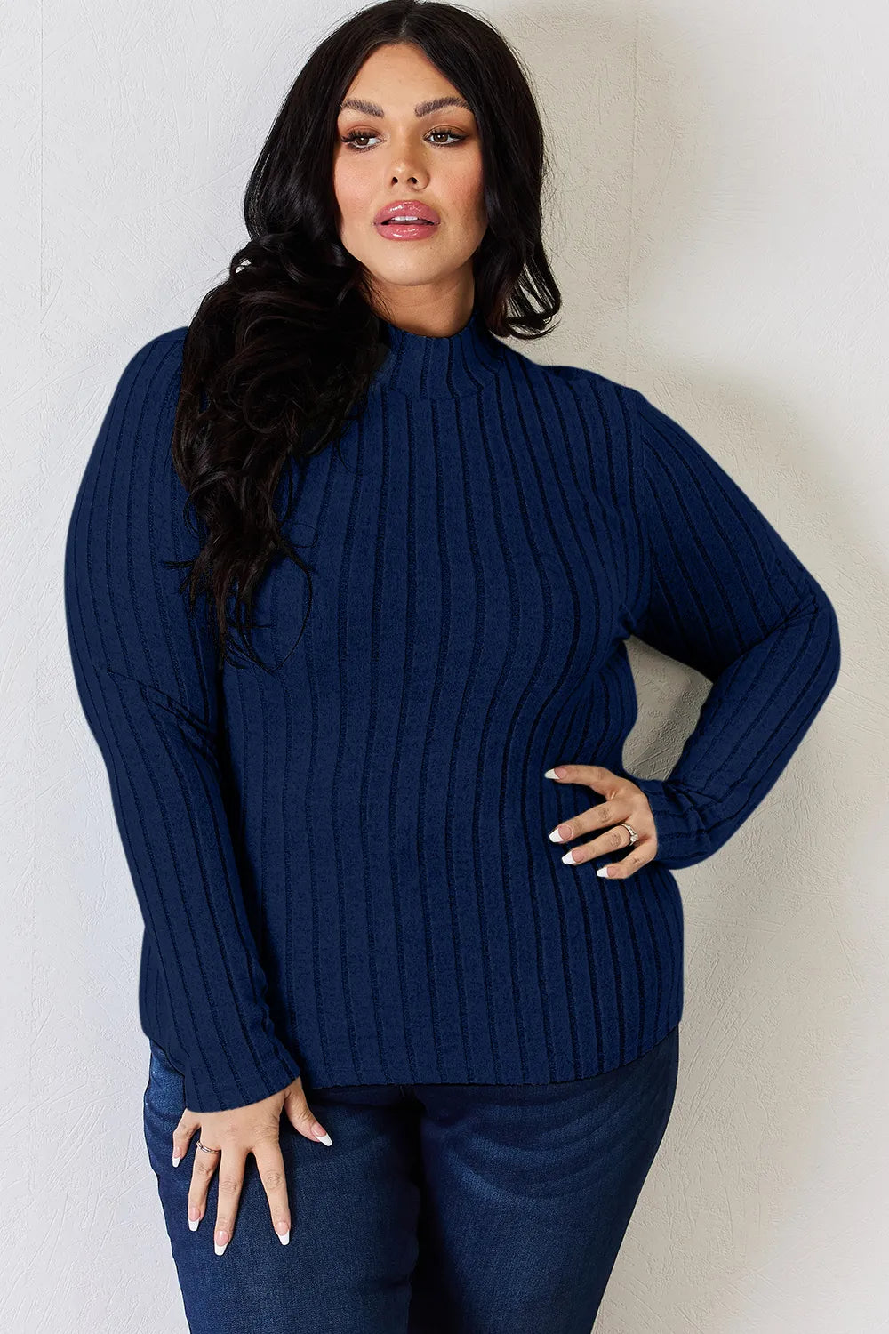 Dark Blue ribbed mock-neck long-sleeve top, product view; one top included, jeans and accessories excluded
