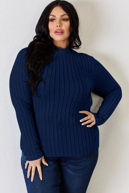 Dark Blue ribbed mock-neck long-sleeve top, product view; one top included, jeans and accessories excluded