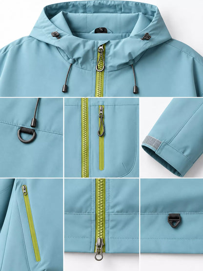 Light Blue men's hooded multi-pocket zip jacket — zipper, hood and cuff details