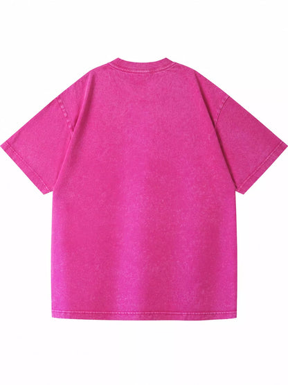 Hot Pink-Washed acid-wash oversized crewneck T-shirt, rear view. One shirt only.