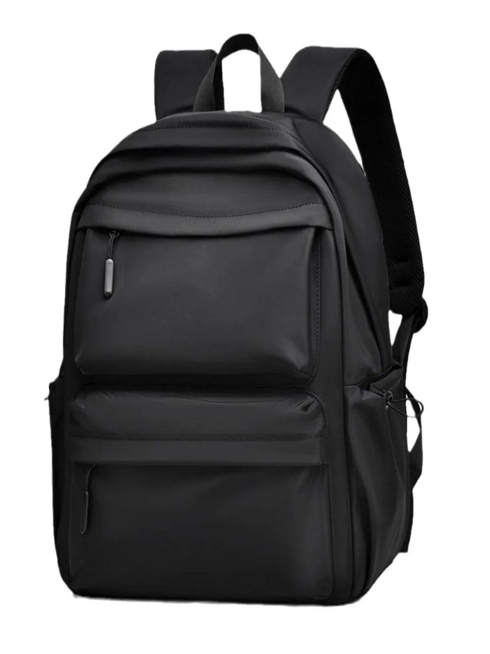 Black multi-pocket backpack shown from a front three-quarter angle