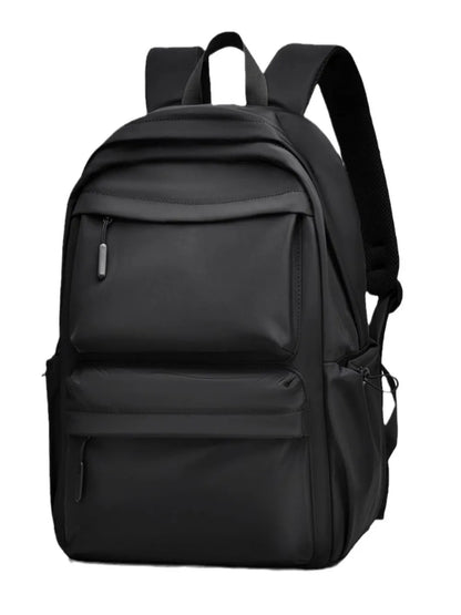 Black multi-pocket backpack shown from a front three-quarter angle