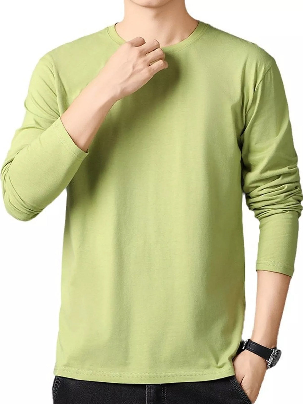 Sage men's cotton long-sleeve crewneck tee, front view.