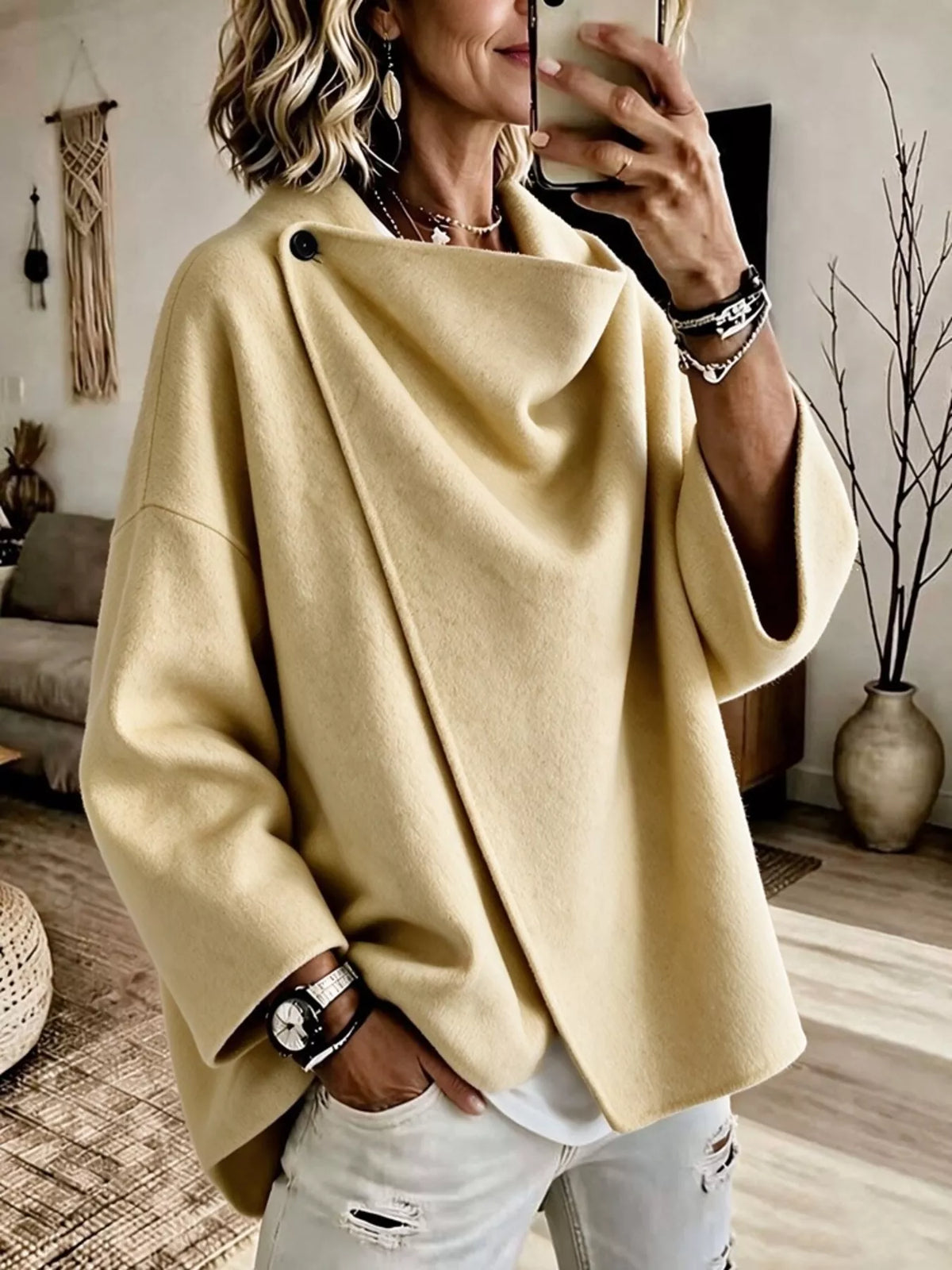 Light Yellow asymmetric cowl-neck cape, modeled front view; one cape included
